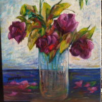 Маслена живопис върху платно - Рози във ваза